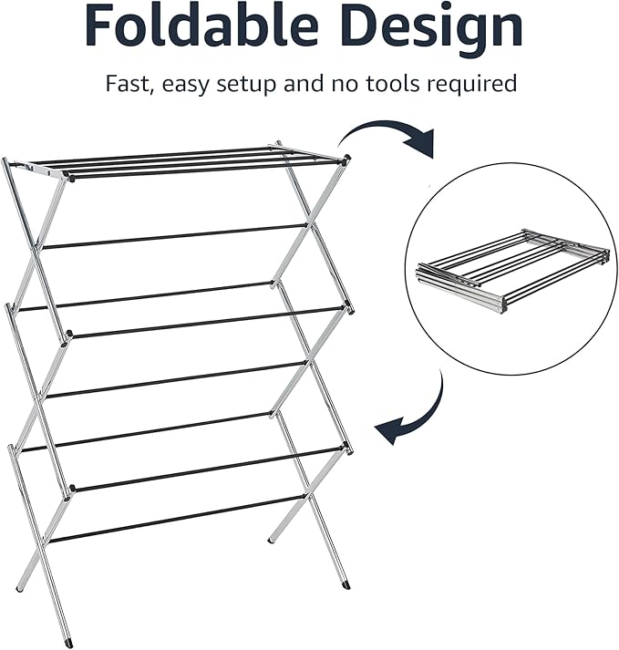 Amazon Basics Foldable Portable Laundry Drying Rack for Indoor Air Drying Clothing, 14.5 x 29.5 x 41.8 inches (LxWxH), Chrome Silver