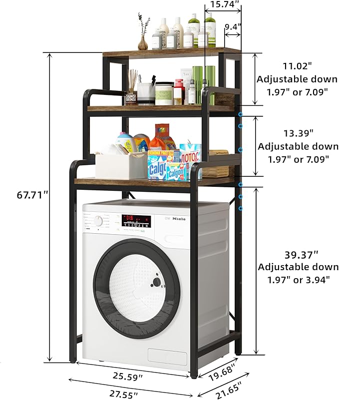 3-Tier Bathroom Room Shelf Washing Machine Storage Utility Rack Over The Toilet Washer Dryer Storage Bathroom Organizer Rack Space Saving Shelving Units Clothes Dryers Shelf