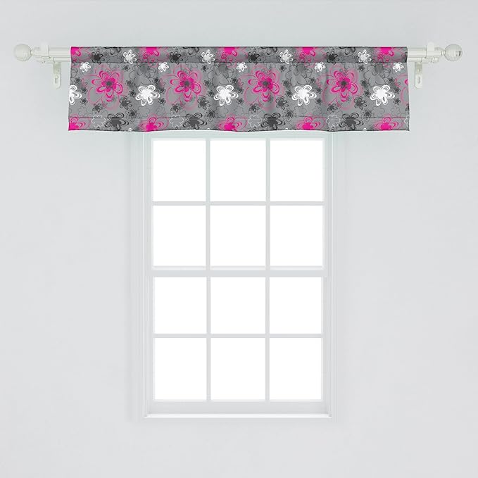 Ambesonne Vintage Floral Window Valance, Vibrant Colored Free Hand Drawing Style Blossoms Antique Retro, Curtain Valance for Kitchen Bedroom Decor with Rod Pocket, 42" x 12", Hot Pink Black Grey