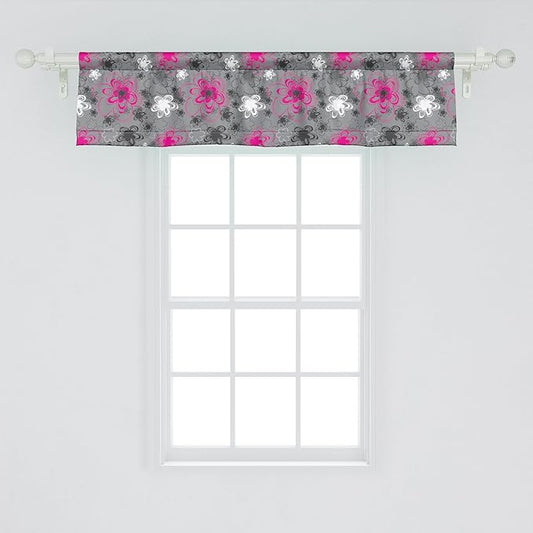 Ambesonne Vintage Floral Window Valance, Vibrant Colored Free Hand Drawing Style Blossoms Antique Retro, Curtain Valance for Kitchen Bedroom Decor with Rod Pocket, 42" x 12", Hot Pink Black Grey
