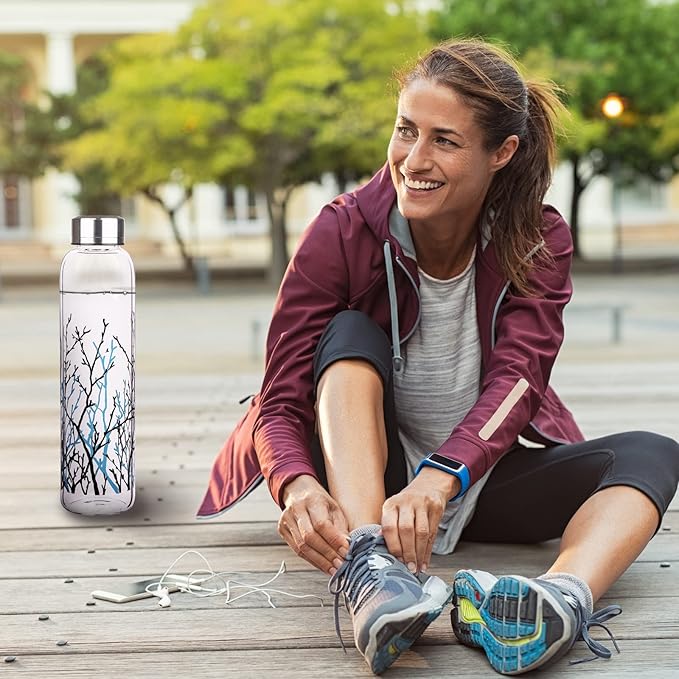 Borosilicate Glass Water Bottle, Sports Glass Drinking Bottle with Neoprene Sleeve and Stainless Steel Lid 16oz / 32oz (16oz, Tree Branches)