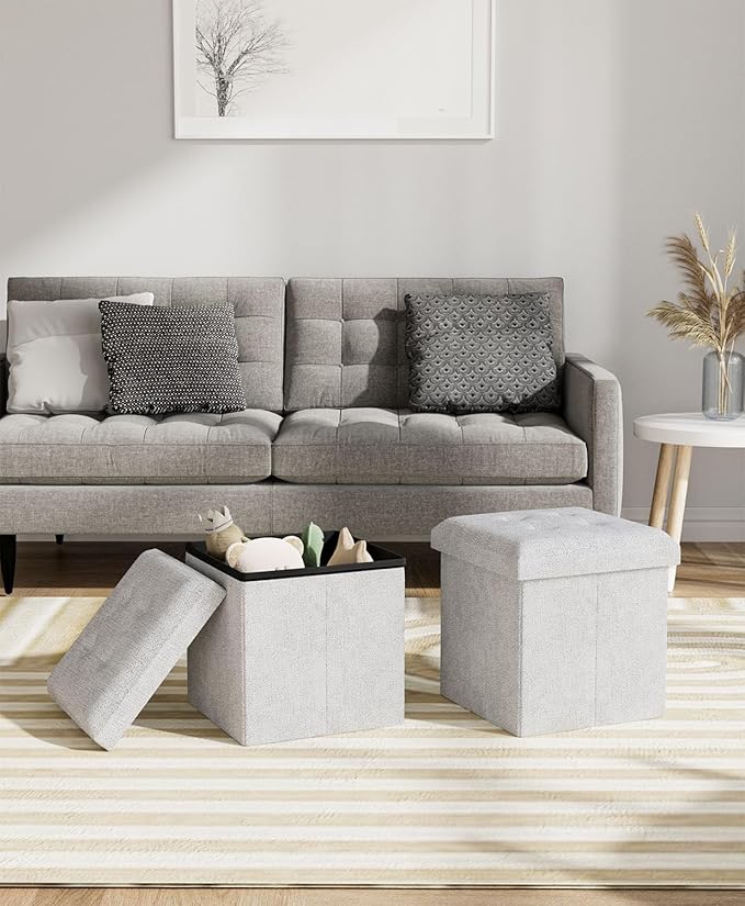 15 Inches Small Folding Storage Ottoman Cube, Storage Footrest, Foot Rest Stool, for Living Room, Bedroom, Dorm, Hallway, Entryway, Light Gray