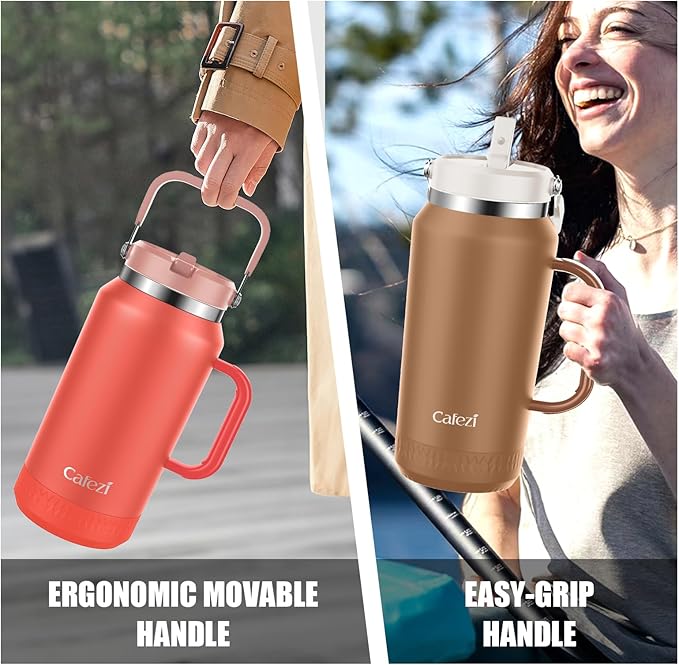 64oz Insulated Water Bottle with Flip Straw Lid - Leak-Proof, Sweat-Free, Top and Easy-Grip Side Handle, Silicone-Wrapped for Comfort, Iced for 34 Hours, Wide Mouth, BPA-Free, Anti-Slip Base