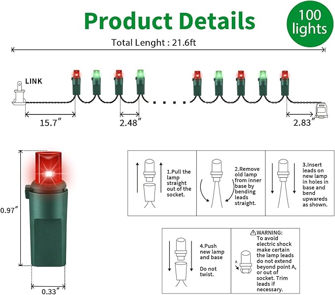 100 Count Red and Green - String Lights - 21.6FT LED Christmas Lights, Mini led Lights for Indoor Outdoor Home Holiday Party Wedding Independence Day Decoration