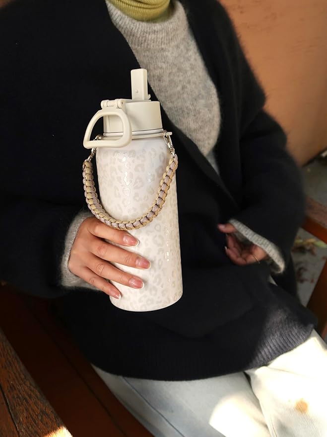 32oz Insulated Water Bottle with Paracord Handles & Strap, 2 Lids(Straw Lid&Spout Lid), Stainless Steel Reusable Wide Mouth Metal Water Bottle With Straw, Double Walled, Thermo Mug,（White Leoqard)