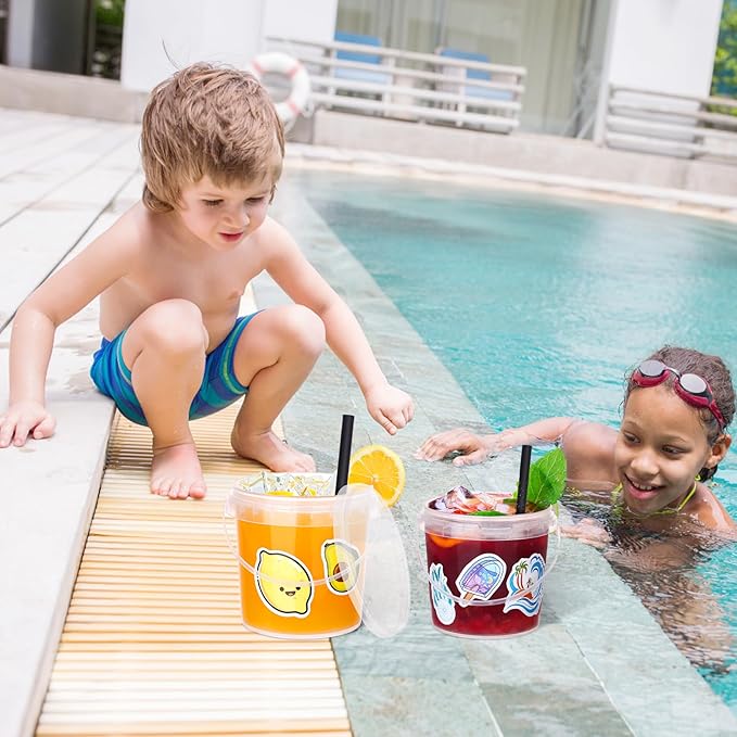 30 Pcs Ice Cream Buckets with Lids and Handles Drink Rum Buckets for Parties Cocktails Reusable Clear Plastic Food Containers with 50 Pcs Summer Stickers