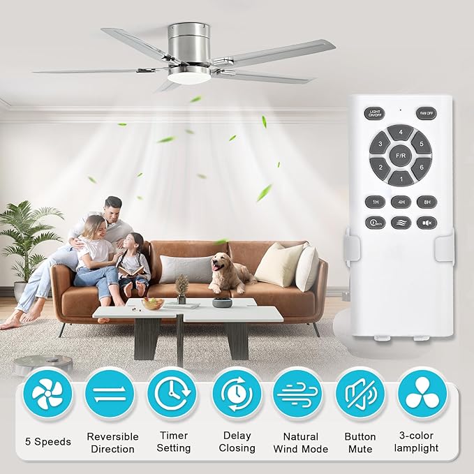 52inch Stainless Steel Ceiling Fan with Lights, 5 Blades, Remote Control, Low Profile Ceiling Fan, for Patio, Living Room, Bedroom, Office, Indoor, Outdoor