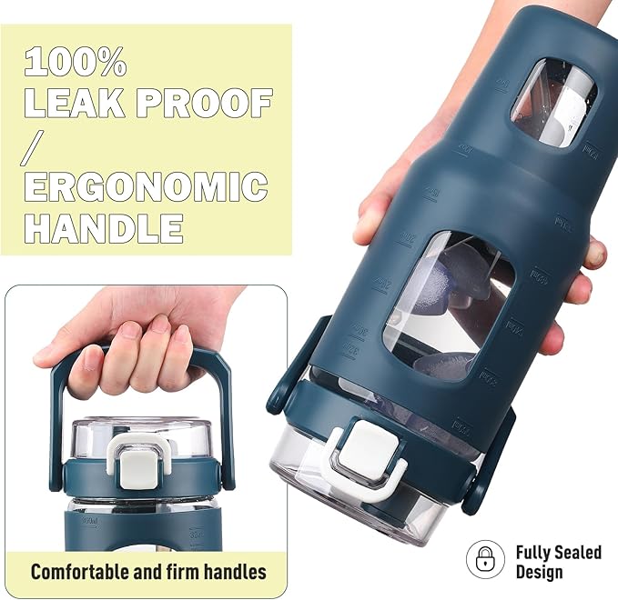 BLUEGO 32oz Glass Water Bottle with Handle and Straw|Leakproof Sports Glass Bottle with Time Marker and Silicone Sleeve|Glass Drinking Bottle for Travel, Gym, Workout, Dark Blue