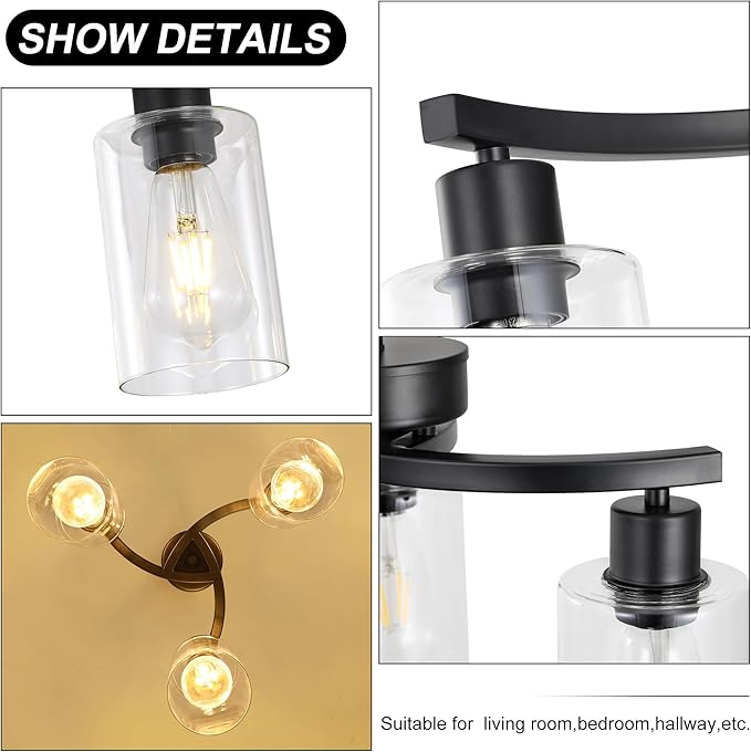 3-Light Modern Farmhouse Black Pendant Lights Kitchen Island, Adjustable Height Contemporary Chandeliers for Dining Room Light Fixture Hanging, Clear Glass Shade