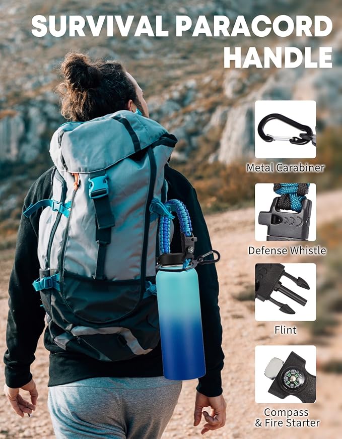 40oz Insualted Water Bottle Leak Proof Stainless Steel Flask Water Bottles with Straw Flex Lid, Survival Paracord, Shoulder Carrier Bag, Metal Hydro Water Flask Mug Sports Hiking Cycling Work