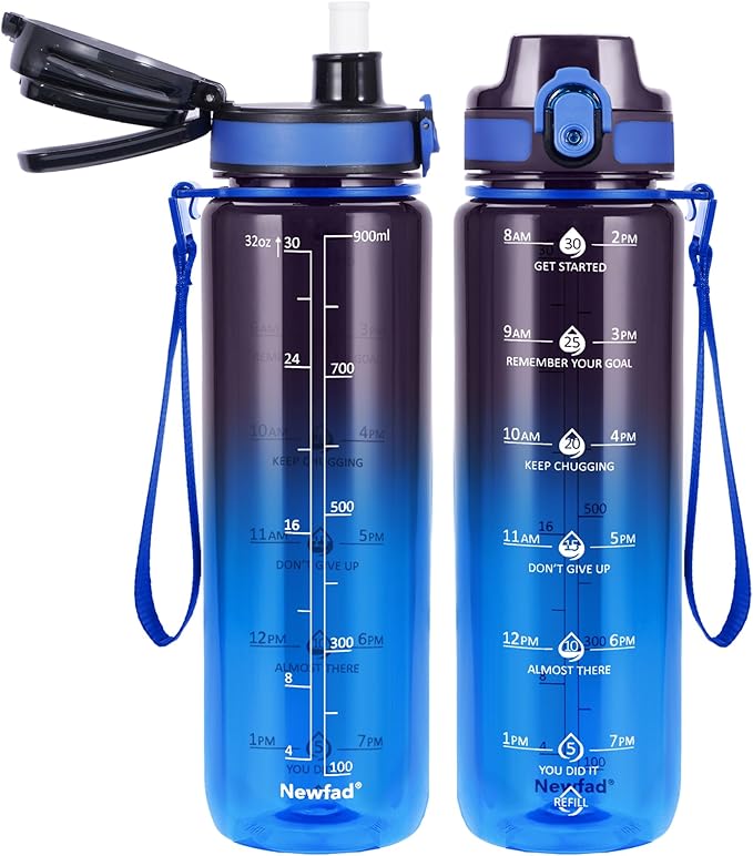 32 oz Water Bottle with Detachable Straw, Clear Motivational Water Bottles with Time to Drink, Tritan & BPA Free Sports Water Jug with Time Marker, Upgraded handle design