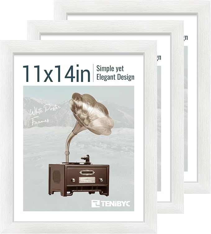 11x14 Picture Frame Set - 3 Pack, Textured White Solid Wood, HD Tempered Glass, Wall Gallery Photo Frame