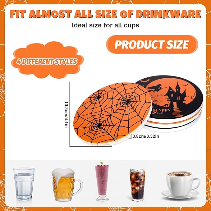 4Pcs Halloween Coasters Orange Black Round Ceramic Coaster Trick or Treat Heat-Resistant Cup Mats for Wooden Table Protection Home Party Supplies