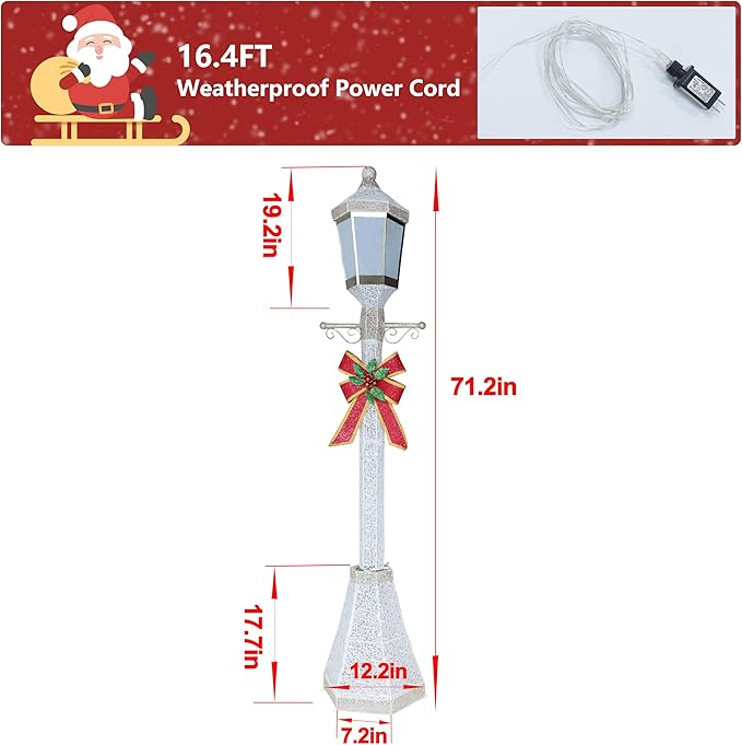 6FT Lighted Freestanding Lamp Post for Christmas Decoration, Pre-Lit Iridescent Post Lamp with 120 LED Lights & Removable Bow, Outdoor 3D Glittered Standing Festival Display, White