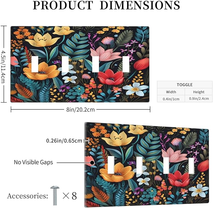Boho Floral Vintage Flower Leaves Rustic Wildflower Plants Quad Toggle Light Switch Covers 4 Gang Wall Plate Decorative Switchplate Electrical Faceplate for Country Bathroom Bedroom Kitchen Decor