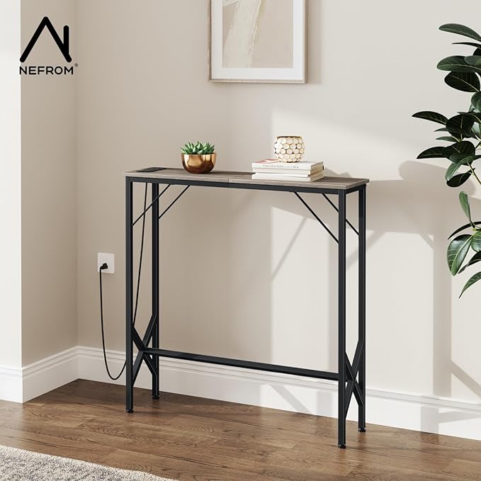 31.5‘’ Console Table, Skinny Entryway Table with Fast-Charging Station, Narrow Long Sofa Table, Behind Slim Couch Table for Entrance, Hallway, Living Room Decor ST-GY80-1