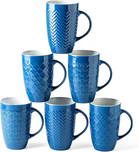 AmorArc Extra Large Coffee Mugs Set of 6, 20oz Ceramic Tall Coffee Mugs Set with Textured Geometric Patterns for Latte/Tea/Beer/Hot Cocoa, Dishwasher & Microwave Safe, Blue