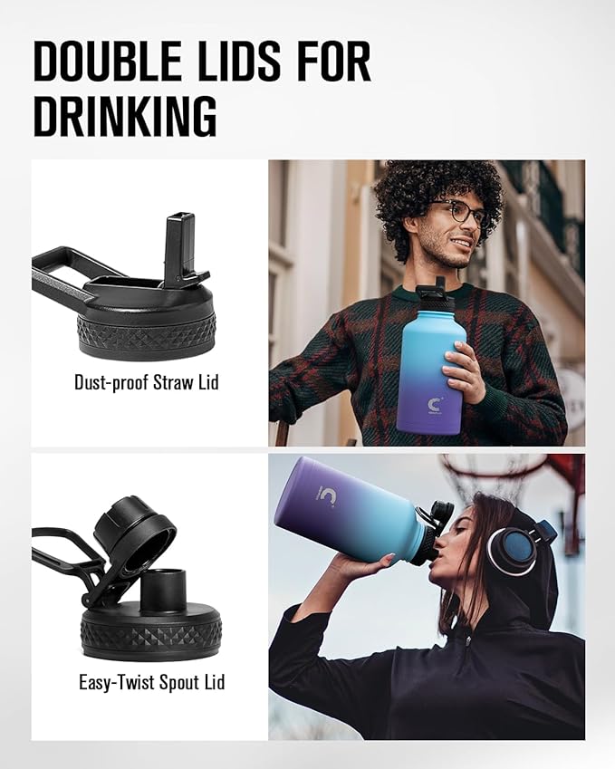 64oz Insulated Water Bottle, Coolplus Half Gallon Water Jug With Straw Stainless Steel Double-Walled Vacuum Metal Large Flask With Carry Sleeve Bpa-Free Leakproof, Keep Cold 48 Hrs, Blue Purple