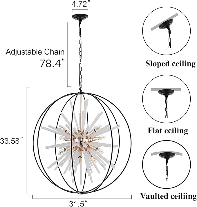31.5" Black Gold 16-Light Globe Sputnik Chandelier Modern Industrial Adjustable Hanging Ceiling Pendant Light Fixture for Entryway Foyer Stairway Dining Living Room Hallway