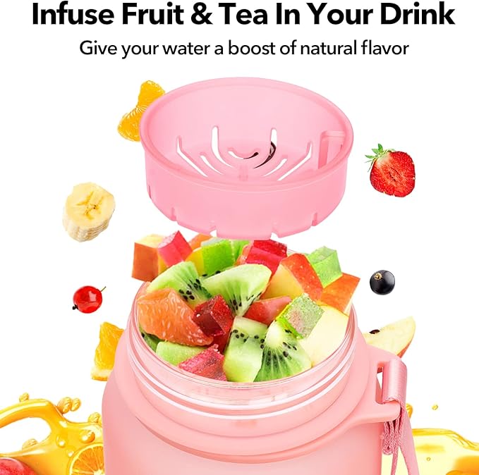 32oz Motivational Water Bottle with Time Marker & Fruit Strainer, Leak-proof BPA Free Non-Toxic Bottle with Carrying Strap, Perfect for Fitness, Gym and Outdoor Sports