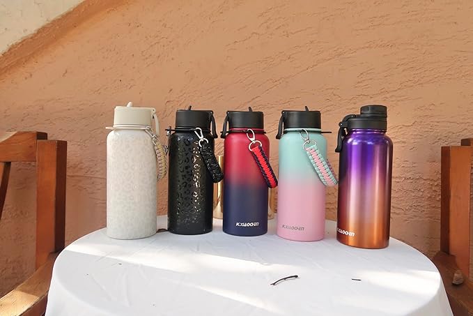 32oz Insulated Water Bottle with Paracord Handles & Strap, 2 Lids(Straw Lid&Spout Lid), Stainless Steel Reusable Wide Mouth Metal Water Bottle With Straw, Double Walled, Thermo Mug,（White Leoqard)