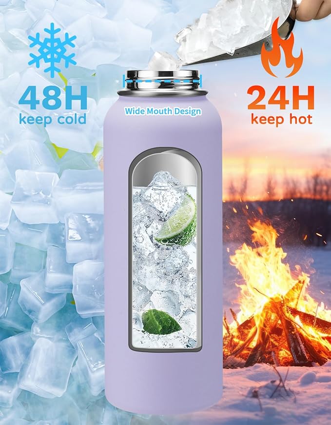 40 oz Insulated Water Bottle - w/Straw Spout Lids, Paracord Handle, Silicone Boot, Metal Flask Water Bottle Carrier with Strap, Leak Proof Stainless Steel Thermal Flask Keep Cold 48h & Hot 24h
