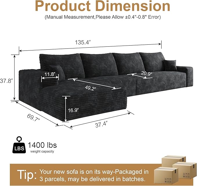 136" Sectional Couches for Living Room Modern Modular Sofa with L-Shape Couchs Upholstered Boneless Couch Deep Seat Sectional Couch with Chaise (Black, Left Facing Chaise+3Seaters)
