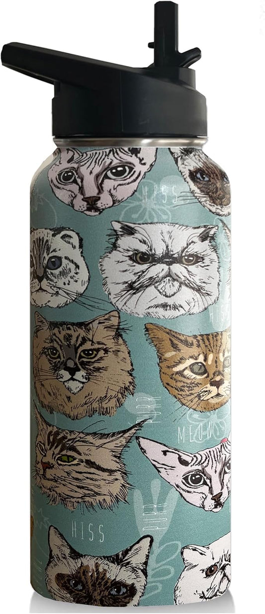 32 oz Cat Water Bottle Insulated Vacuum Stainless Steel Sports Water Bottle with 2 Lids (Straw and Spout Lid) for Gym Camping Hiking