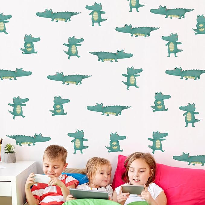 5 Sheets Cartoon Animal Wall Decal Removable DIY Green Small Crocodile Wall Decal Peel and Stick Jungle Animals Wall Stickers Wall Art for Baby Nursery Bedroom Living Room Playroom Decor