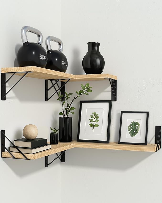 BAYKA Wall Shelves for Bedroom Decor, Floating Wall Shelves for Living Room Kitchen Storage, Wall Mounted Rustic Shelves for Kids Books, Corner Shelf for Bathroom(Carbonized Brown,Set of 4)