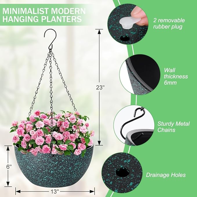 13 inch Hanging Planters for Indoor Plants, 2 Pack Planters for Outdoor Plants with Drainage Holes and Chain, Round Plastic Hanging Baskets, Hanging Flower Pots for Balcony Garden-Black Speckle
