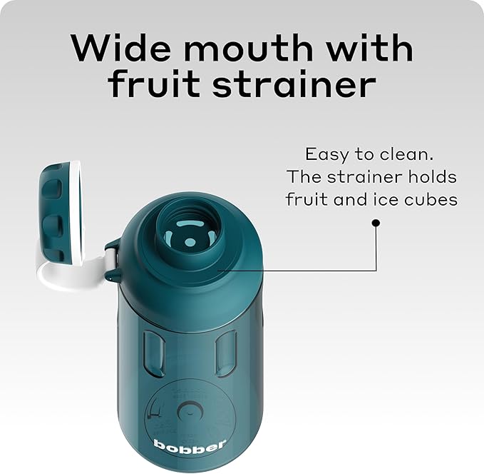 BOBBER 30 oz Tritan BPA-Free Sports Water Bottle with Fruit Infuser — Leak Proof, BPA Free & Dishwasher Safe — Impact Resistant Water Bottle with Twist Cap for Yoga, Climbing, Pilates (Deep Teal)