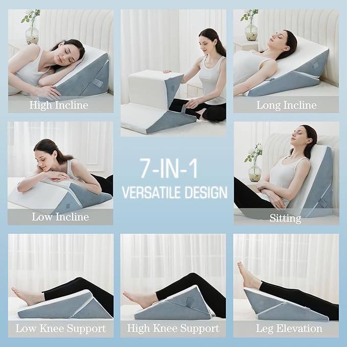 Bed Wedge Pillow for Sleeping, 9 & 12 Inch Adjustable Wedge Pillow for Back Pain Relief, 7-in-1 Cooling Memory Foam Triangle Pillow Wedge for After Surgery, Acid Reflux, Gerd, Snoring