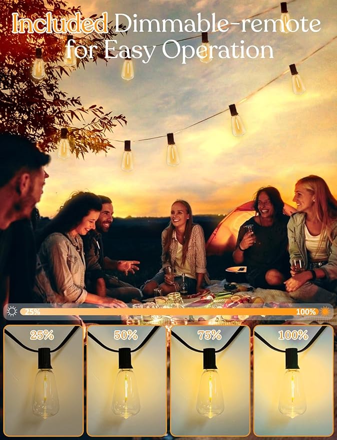 50 FT Outdoor String Lights - LED Waterproof Patio Lights with Dimmer Remote - Edison Bulbs for Porch, Backyard & Cafe/Bistro