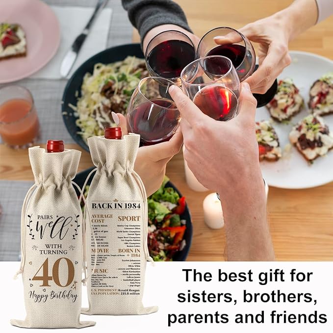 40th Birthday Gifts Women Men, Vintage Gifts for 40 Year Old Man Husband Wife Friends Brother Dad Mom Him Her, Happy 1984 40th Birthday Anniversary Decorations Wine Bag?Wine Gifts Wine Gift Bag