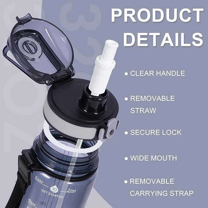 32 oz Water Bottle with Detachable Straw, Clear Motivational Water Bottles with Time to Drink, Tritan & BPA Free Sports Water Jug with Time Marker, Upgraded handle design