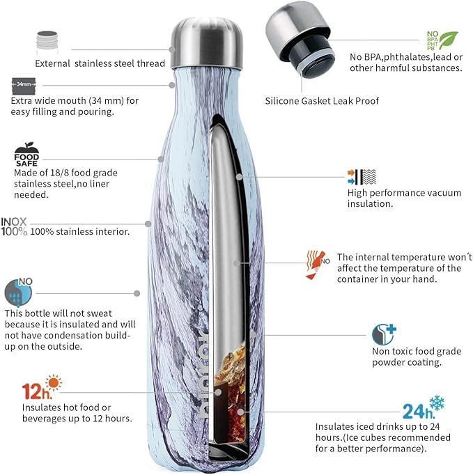 BJPKPK Stainless Steel Water Bottles, 17 oz Metal Insulated Water Bottle Reusable Travel Sports Thermal Water Bottle -Lily Wood Graphics