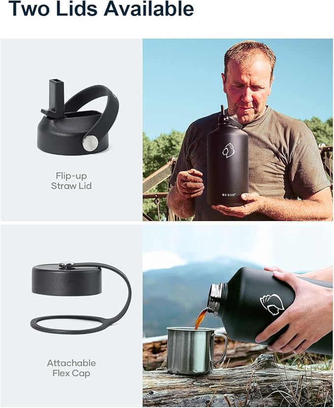 BUZIO 1 Gallon Water Jug with Straw Handle Lid, 128oz Water Bottle Stainless Steel Double Wall Hydro Jug 18/8 Food Grade Thermo Mug Keep Cold 48H & Hot 24H, Black