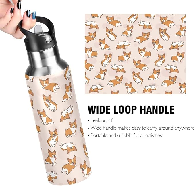Blueangle 22 OZ Cartoon Corgis Pattern Water Bottle with Straw, Sports Water Bottle BPA Free Stainless Steel Water Jugs for Gym, Kitchen, Working, Outdoor