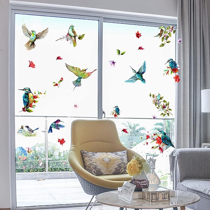 Birds Anti-Collision Spring Window Clings for Glass Windows, Glass Flower Wall Decals, Birds Alert Collision Window Decals Hummingbirds Butterfly Decal Prevent Bird Strikes on Windows Doors