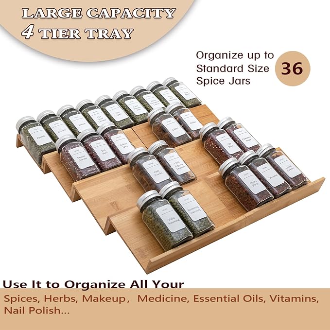 Bamboo Spice Rack Drawer Organizer - 8 Piece Set - 8" or 16" Wide