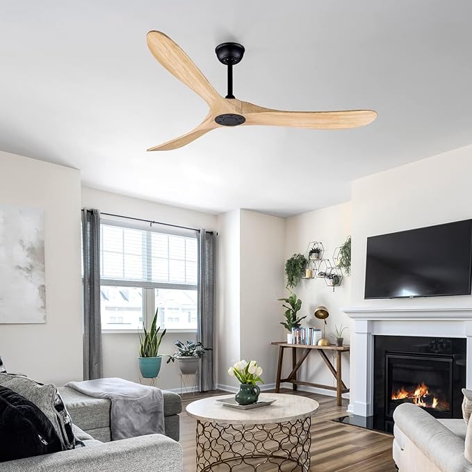 Bigzone 60" Outdoor Ceiling Fan No Light, DC Motor Quiet Energy Saving,3 Balsa Wood Blades, Wood Ceiling Fan With Remote Control,Reversible Blades