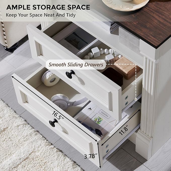 26" Tall Farmhouse Nightstand, 2 Drawers End Table w/Charging Station, 23.6" Wide Large Side Table w/Roman Column, Wood Rustic Sofa Table w/Open Shelf, Bedside Table for Bedroom, White
