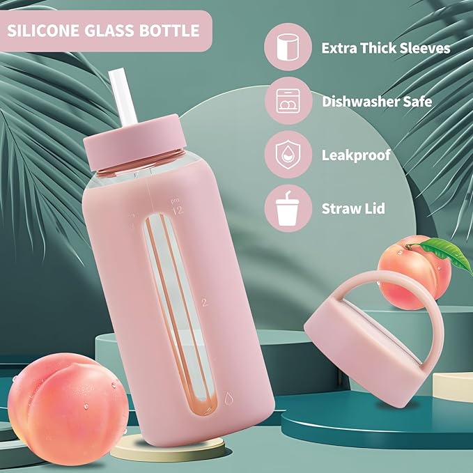 27 Oz Hydration Bottle,Minimalist Glass Water Bottle With Silicone Sleeve,Wide Mouth Opening With 2 Lids,Train Straws,Gift for Kids/Adults,Sport Glass Water Bottle for Gym/Yoga/Outdoor (Pink, 27 oz)