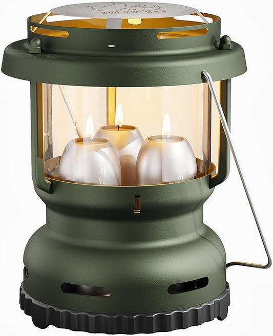 3-Wick Emergency Candle Lantern for Power Outages [18H+ Burning Time] Vintage Decorative Candle Lantern for Real Candles, Outdoor Portable Camping Survival Lighting [7.1"*5.7" - Forest Green]