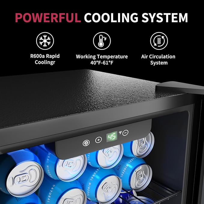 48 Can Beverage Refrigerator Cooler, Mini Fridge Glass Door with Adjustable Shelves, Freestanding Beverage Fridge with Blue LED for Home/Office/Dorm/Bar, 1.3 Cu.ft