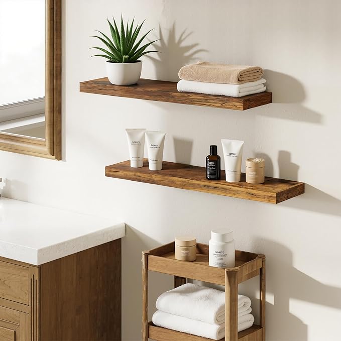 BAMEOS Floating Shelf,Wall Shelf,Decor Wall Mounted Shelves,Hanging Shelf Set L24xW6 for Bathroom Kitchen Living,Kitchen,Room Bedroom Storage, Rustic Brown