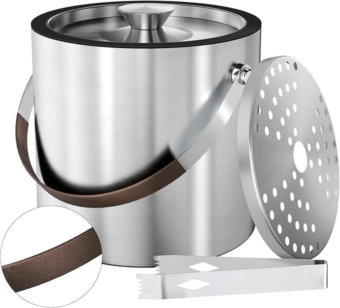 3L Double Wall Ice Bucket for Parties with Silicone Lid, Tongs & Strainer, Bar Insulated Ice Buckets [Silicone Lid for Longer Ice] Cocktail Wine Bucket Champagne Chiller Brown Accent Handle