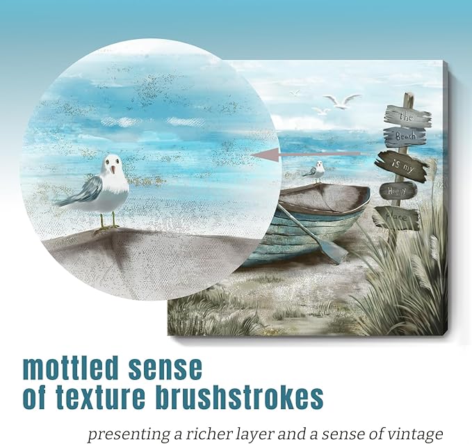 Bathroom Wall Art Coastal Décor Nautical Boat on Beach Canvas Picture Ocean Seagull Seascape Canvas Print Sea Bird Farmhouse Artwork for Seashore Bedroom Living Room Small Square Blue Teal 14x14"