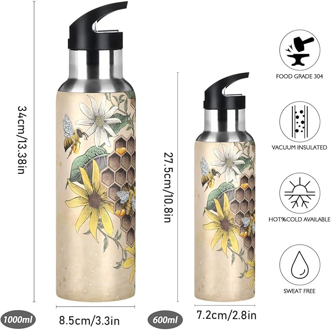 ALAZA Honey Bee Retro Floral Water Bottle With Straw Lids Boys Girls,Vacuum Insulated Leakproof Stainless-Steel Sports Bottle Thermal Flask For Gym Yoga Camping,34Oz (1000Ml)